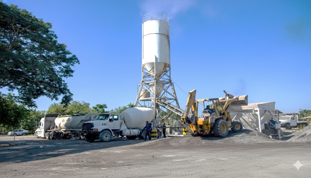 Vista aérea de flota y equipo completo de Conpre Concretos